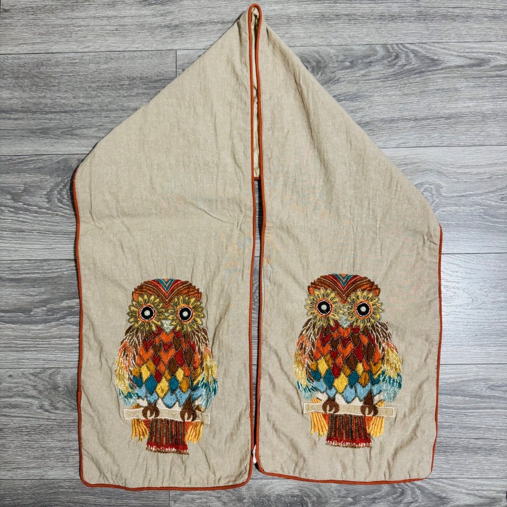 Pier 1 Imports Owl Embroidered Beaded Table Runner 12x67 Beige Orange‎ Boho Fall
